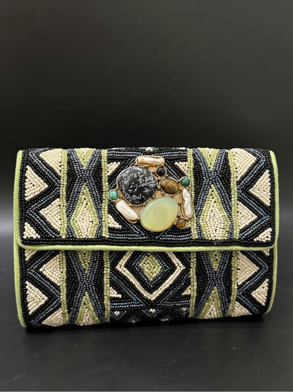 MARY FRANCES Geometric Beaded Natural Gemstones Cluster Embellished Evening Bag